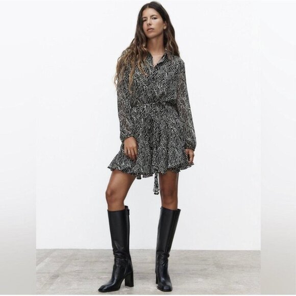 Zara Size S Black And White Polka Dot Flounce Mini Shirt Dress Long Sleeve - Picture 1 of 14